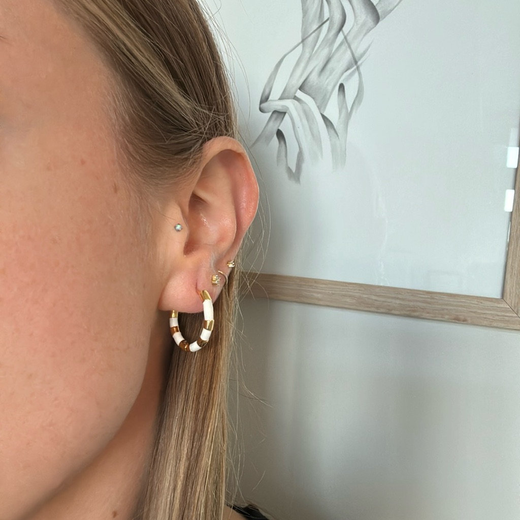 Delicate Dainty White And Gold Hoops Striped Enamel Hoop Earrings